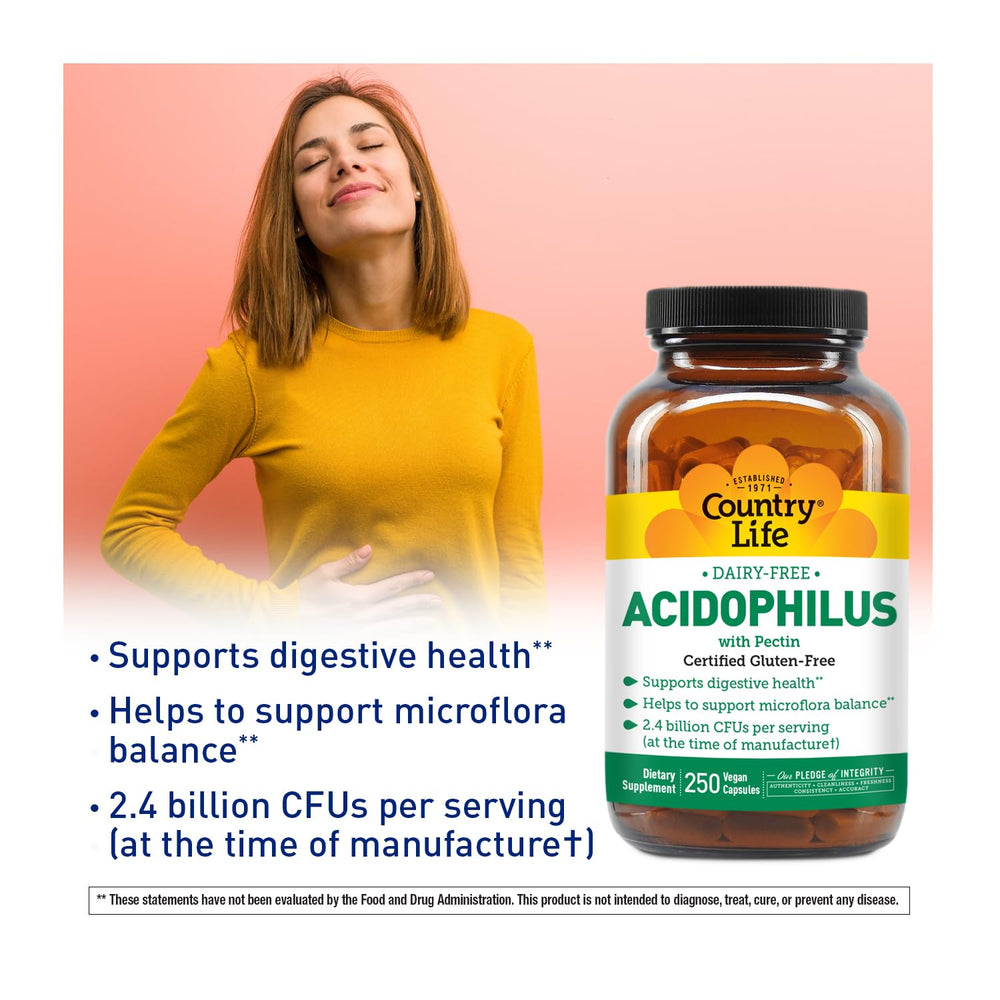 Country Life Acidophilus allergen-free label highlights vegan and gluten-free safety.
