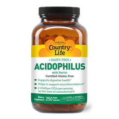 Country Life Acidophilus bottle front - dairy-free probiotic for daily digestive support.