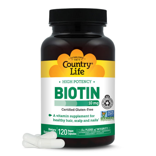 Country Life Biotin 10mg bottle and label highlighting high potency and vegan formula