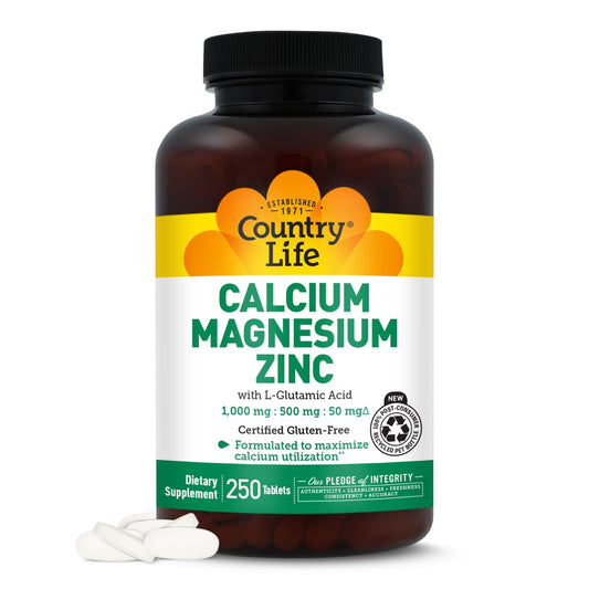 Country Life calcium magnesium zinc bottle front shows gluten-free bone support nutrients