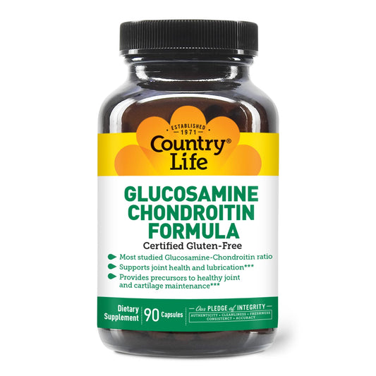 Country Life Glucosamine Chondroitin bottle with 90 capsules suggesting joint support.