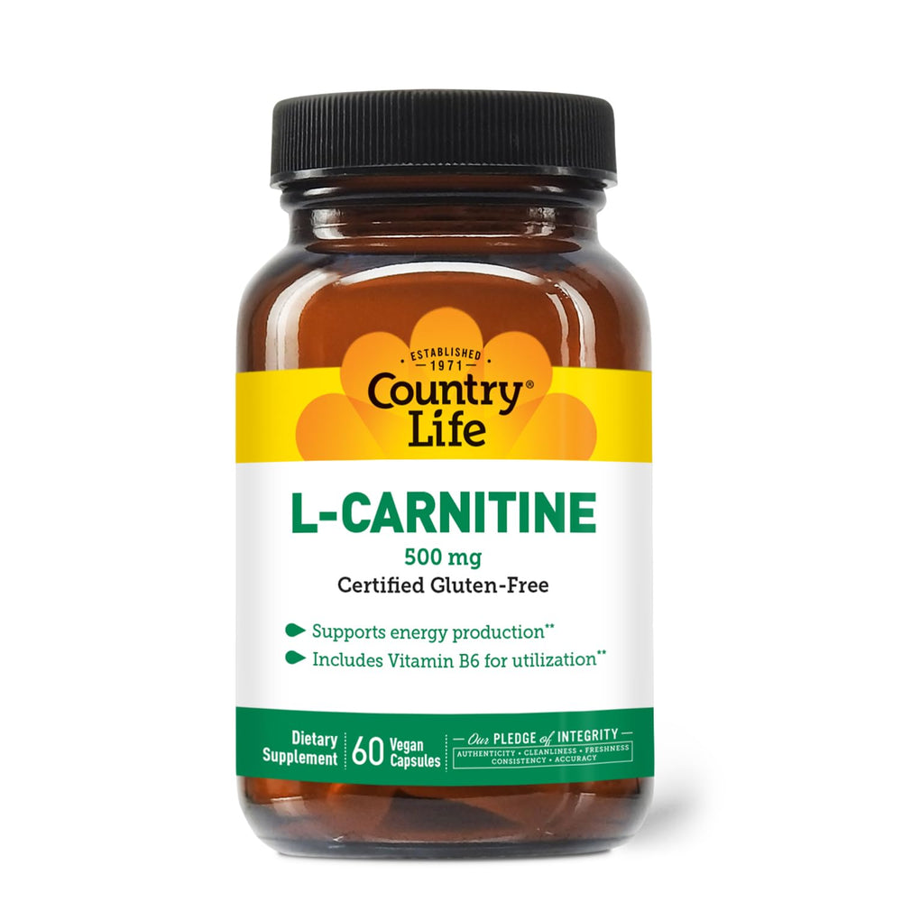 Country Life L-Carnitine 500mg bottle label shows vegan and gluten-free energy support.