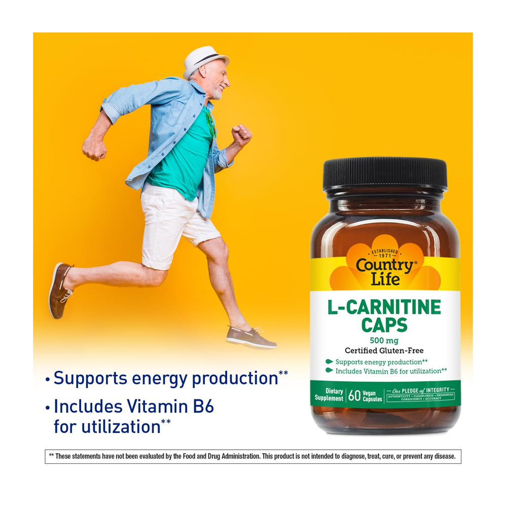Closeup of Country Life L-Carnitine 500mg capsules for daily use.