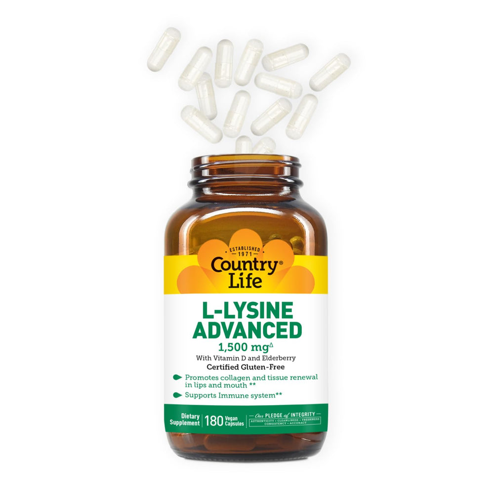 Country Life L-Lysine 1500mg label with vitamin D and elderberry for immune support.