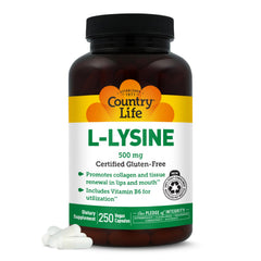 Country Life L-Lysine 500 mg with B-6 bottle front view highlighting immune support.