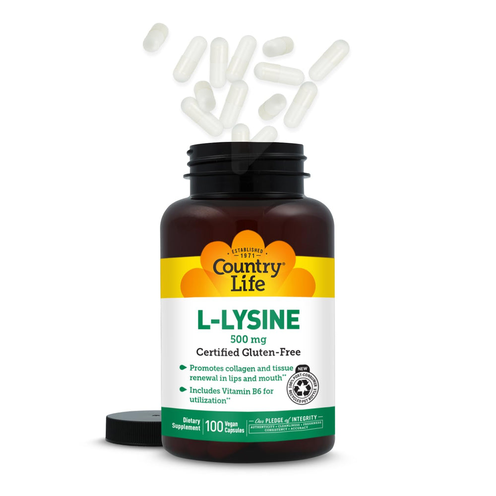 Country Life L-Lysine 500 mg with B-6 capsules for daily routine.