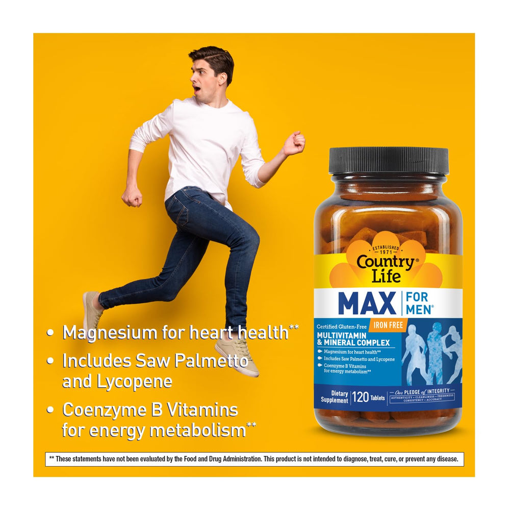 Country Life Max for Men bottle on wooden surface; lifestyle shot suggests daily wellness.