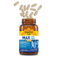 Country Life Max for Men label closeup; shows iron-free multivitamin with magnesium and B vitamins.