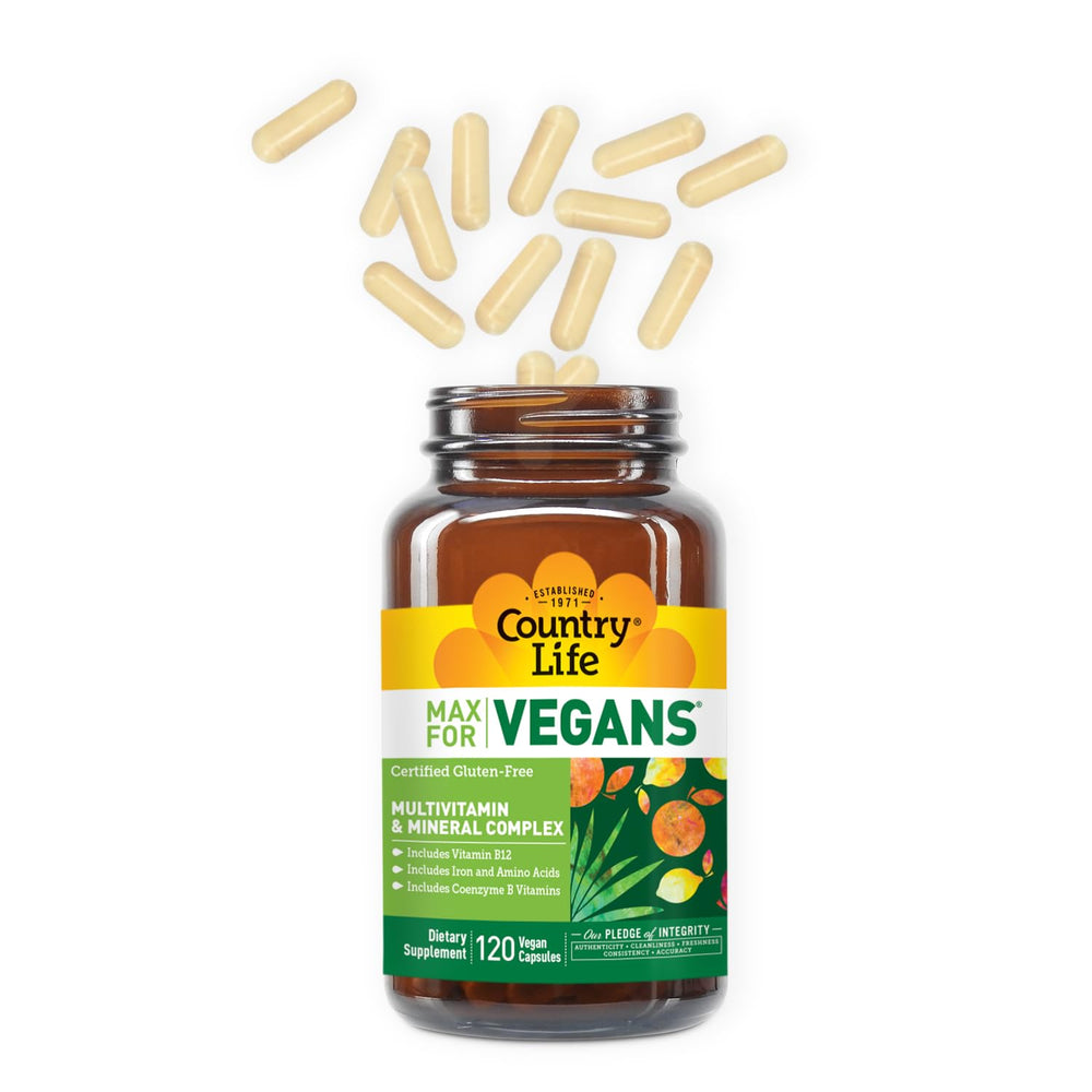Country Life Max for Vegans capsules spilled from bottle showing texture and color for easy daily routine.