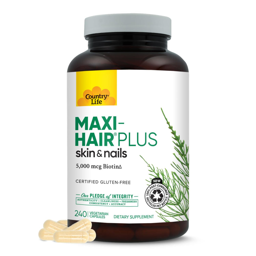 Country Life Maxi-Hair Plus Biotin bottle front view for daily beauty support.