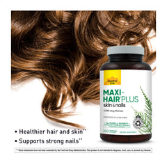 Country Life Maxi-Hair Plus Biotin capsules with glass of water in routine.