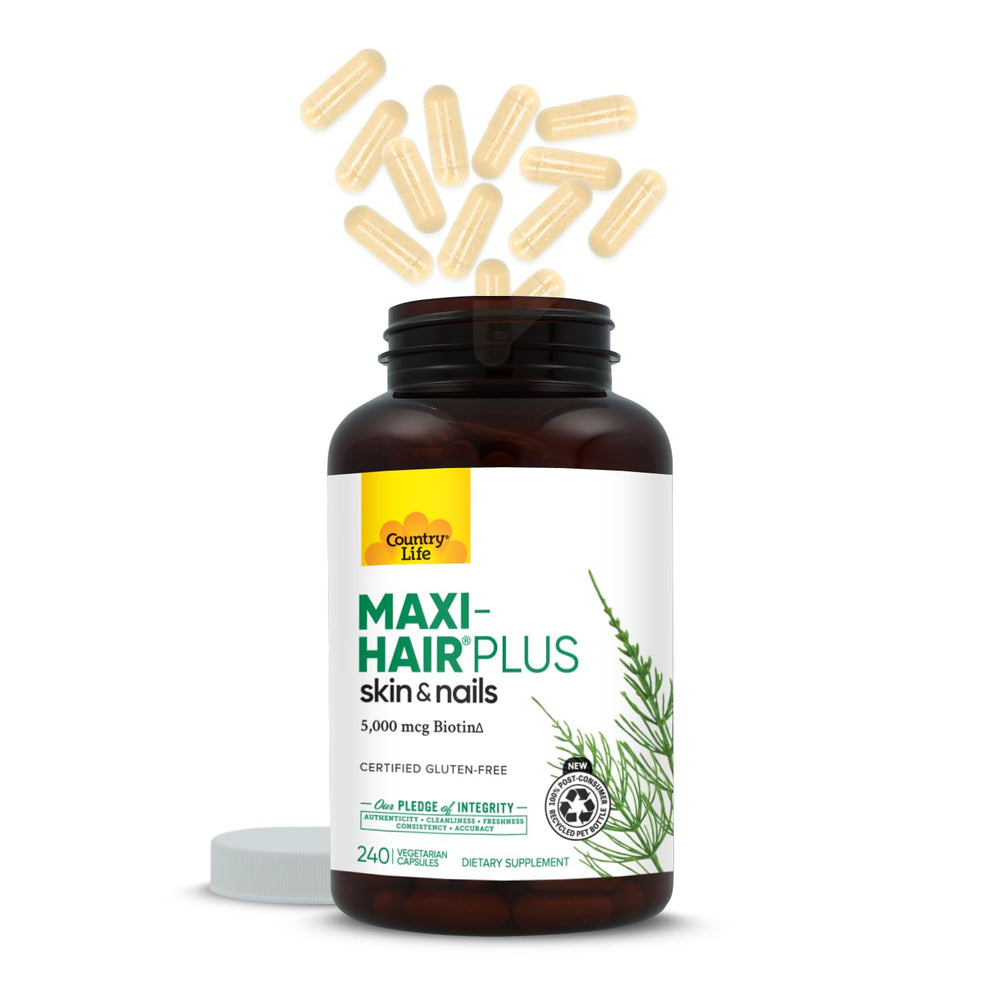 Country Life Maxi-Hair Plus Biotin routine setup for daily use.