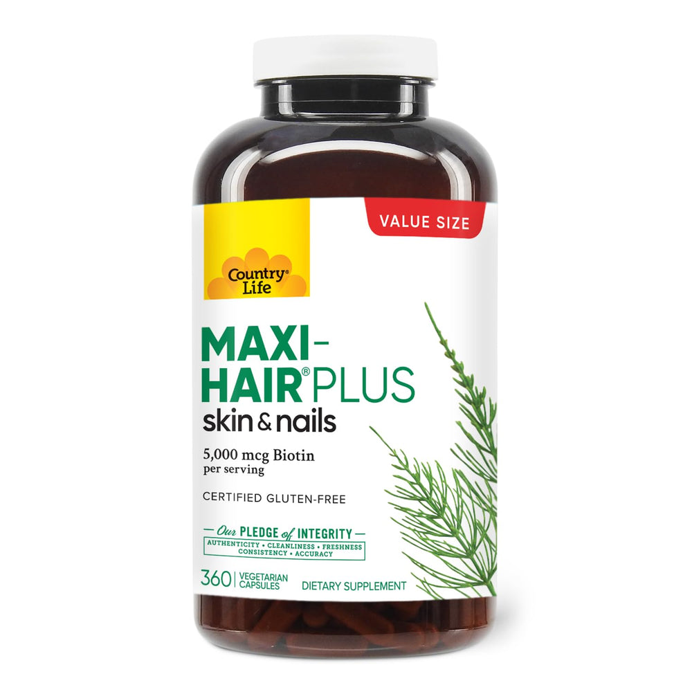 Country Life Maxi-Hair Plus bottle showing gluten-free, vegetarian formulation for daily beauty support.