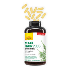 Country Life Maxi-Hair Plus label with 360 capsules and gluten-free vegetarian certification.