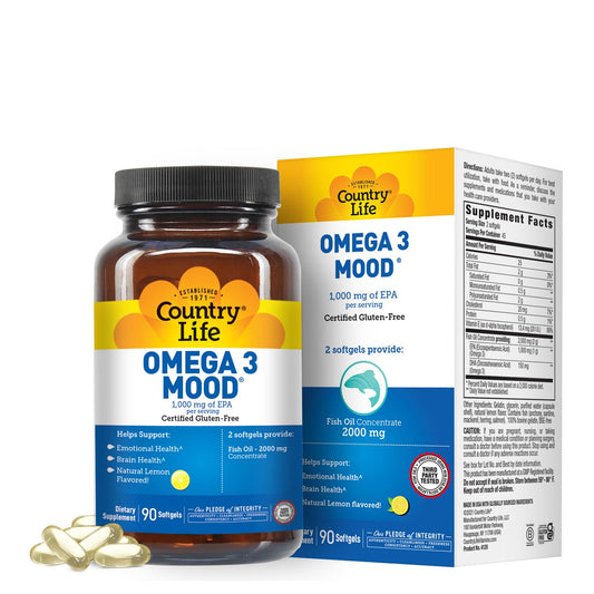 Country Life Omega 3 Mood bottle shows lemon flavor for daily use.