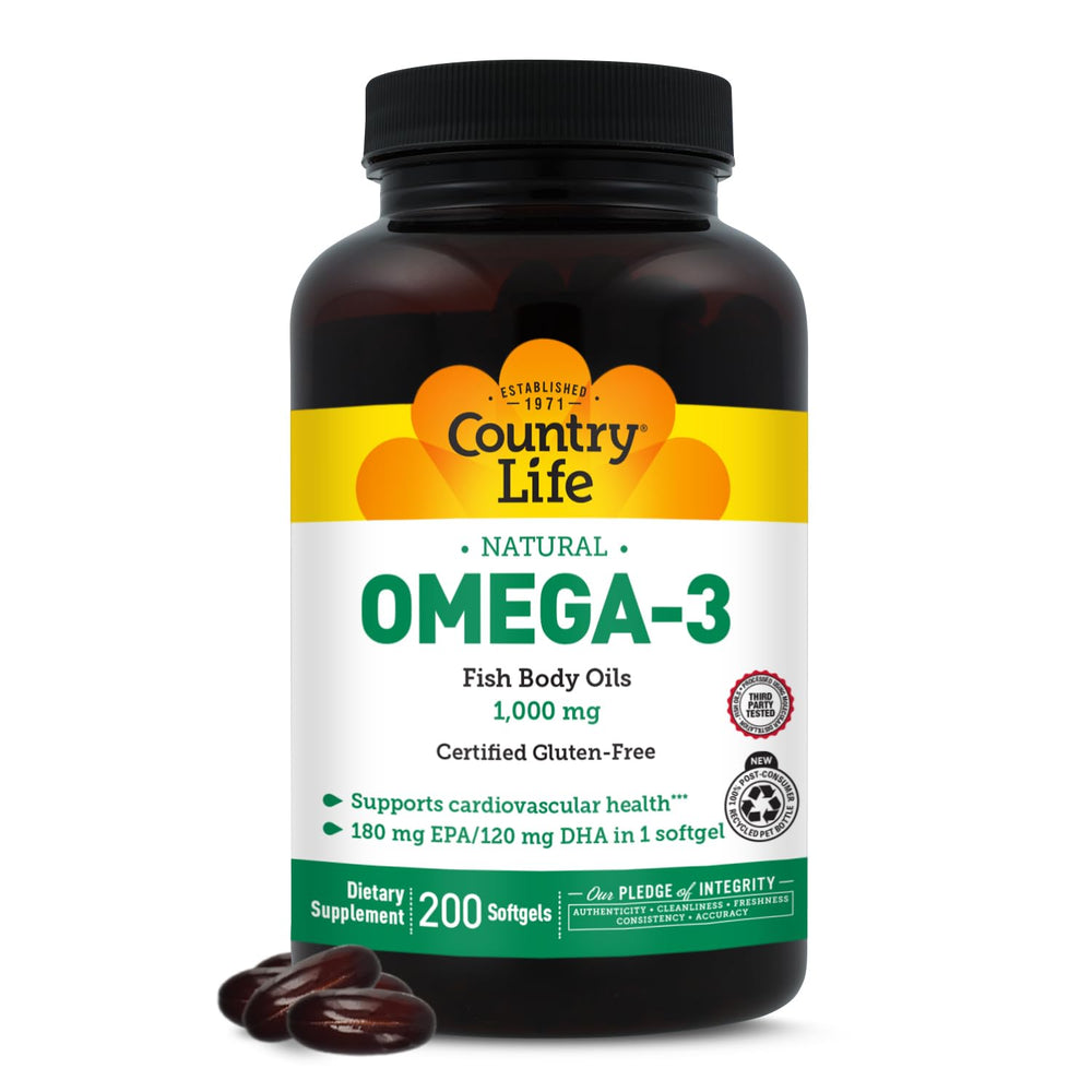 Country Life Omega-3 bottle front showing burpless and gluten-free labeling