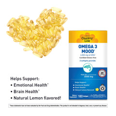Country Life Omega 3 bottle pouring capsules for easy daily intake.