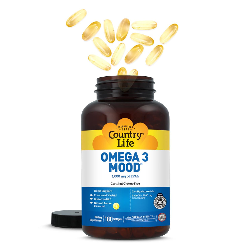 Country Life Omega 3 lemon flavor capsules ready for daily use.