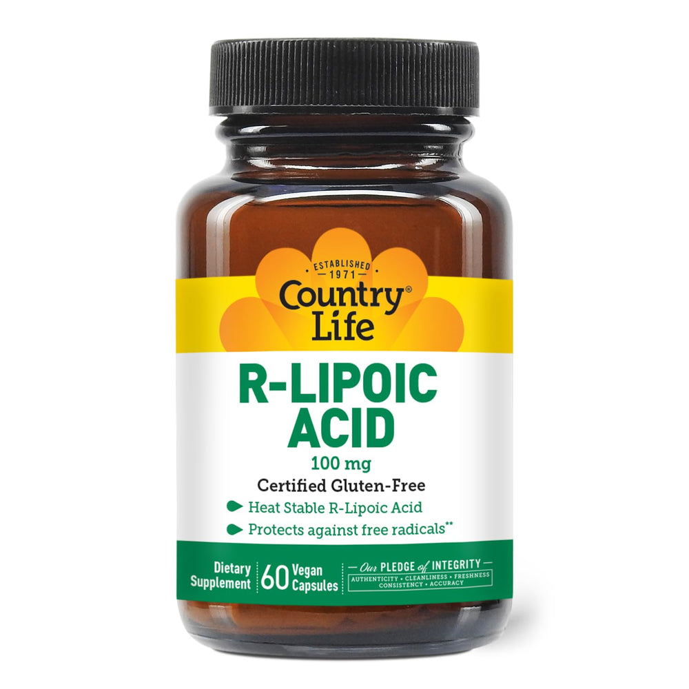 Country Life R-Alpha Lipoic Acid Complex bottle front promotes antioxidant support for daily vitality.