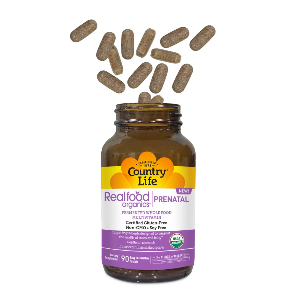 Country Life Realfood Organics Prenatal Multi gluten-free certification badge on packaging