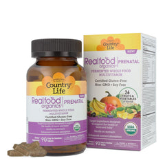 Country Life Realfood Organics Prenatal Multi tablets close-up highlighting easy-to-swallow tablets
