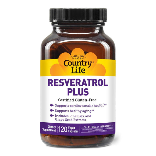 Country Life Resveratrol Plus 1000mg bottle highlights antioxidant blend for daily support.