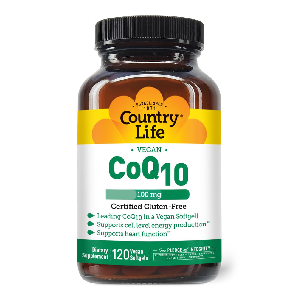 Country Life Simply CoQ10 bottle front view suggests heart wellness potential.