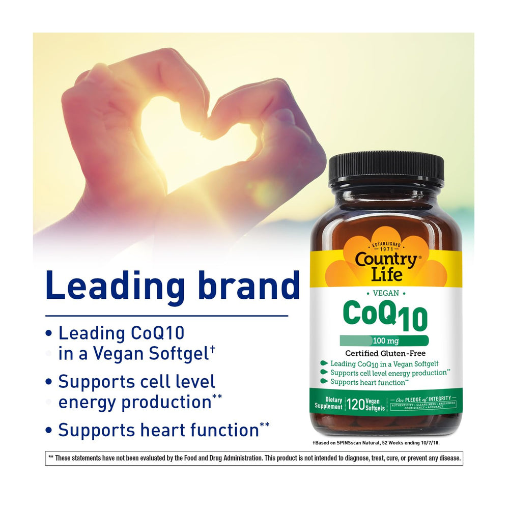 Country Life Simply CoQ10 label close-up highlights vegan and gluten-free certifications.
