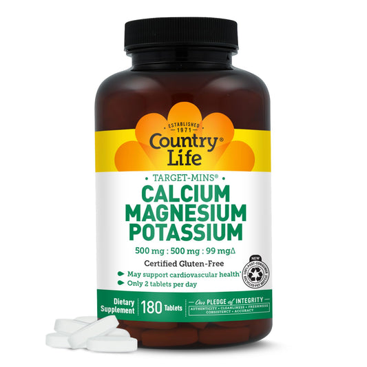 Country Life Target Mins bottle highlighting calcium, magnesium, potassium for bone support.