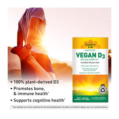 Country Life Vegan D3 5000 IU wind energy logo on packaging.