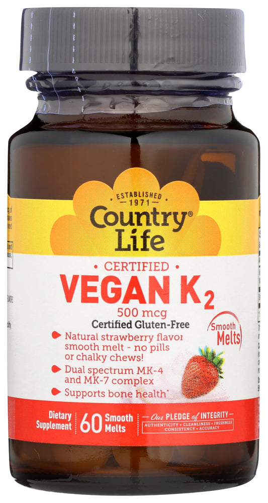 Country Life Vegan Vitamin K2 bottle front view illustrating strawberry flavor and chewable format for bone support.