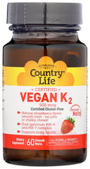 Country Life Vegan Vitamin K2 bottle front view illustrating strawberry flavor and chewable format for bone support.
