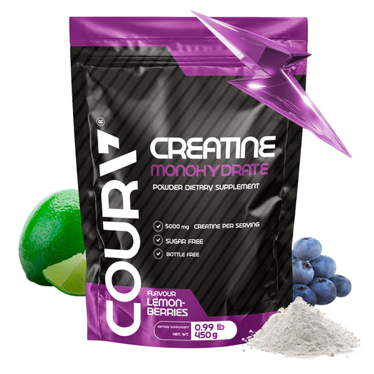 COURA Creatine Monohydrate Lemon-Berries bottle shows quick energy support.