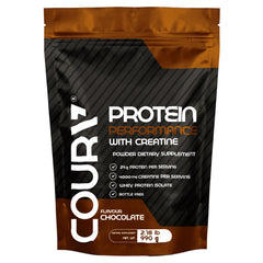 COURA Protein Performance powder chocolate canister for quick, high-protein fueling after workouts