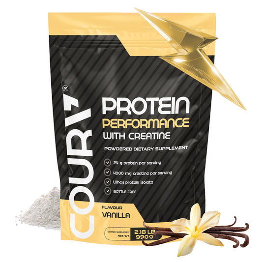 COURA Protein Performance 990g bottle with vanilla flavor for post-workout fueling.