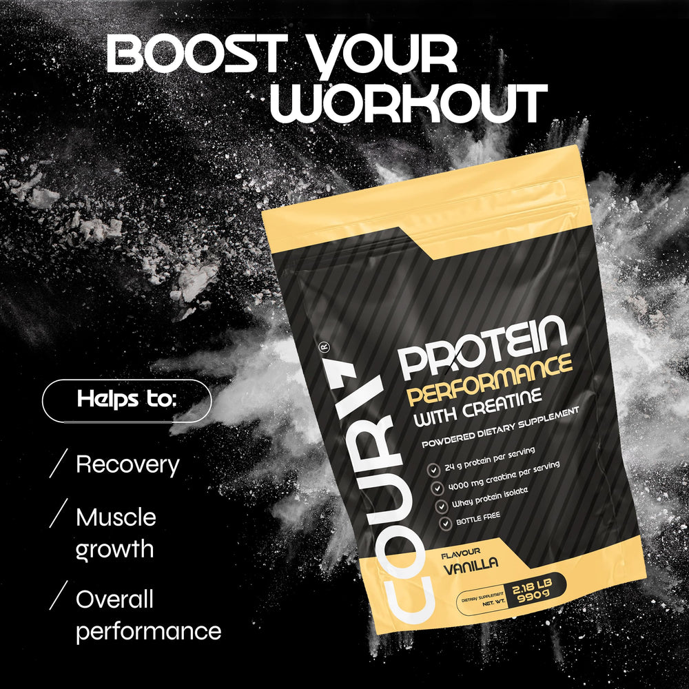COURA Protein Performance 990g creatine-molecule emphasis for enhanced training sessions.