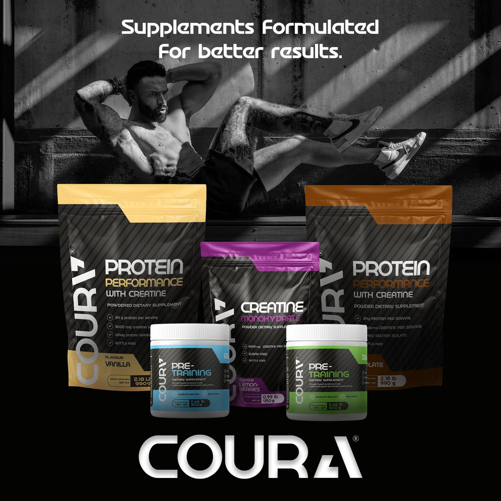 COURA Protein Performance 990g gym setup with shaker ready to mix.
