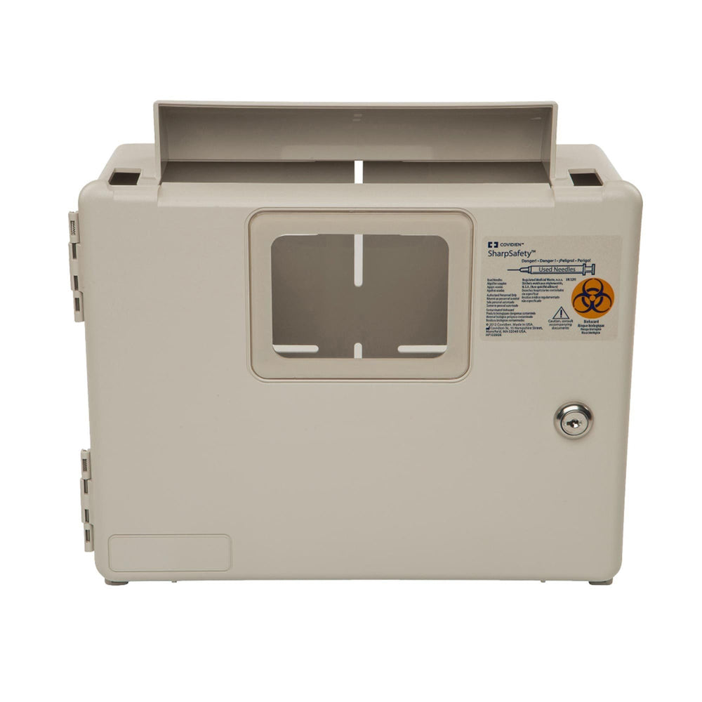 Covidien 8556H ivory wall cabinet safely contains sharps and containers