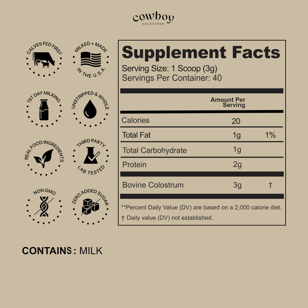 Cowboy Colostrum grass-fed cows pasture underscores natural origin and ethical sourcing.
