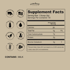 Cowboy Colostrum grass-fed cows pasture underscores natural origin and ethical sourcing.