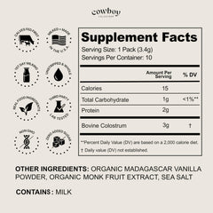 Cowboy Colostrum vanilla travel pack beside a smoothie for daily immune balance