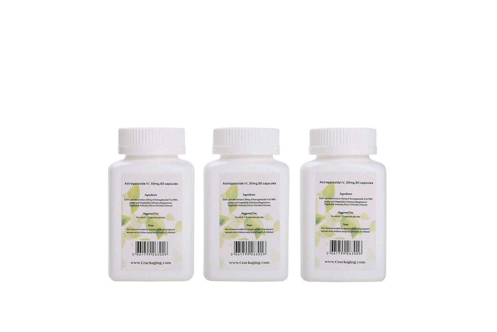 Crackaging Astragaloside IV capsule closeup highlights 99.7% purity and premium formulation.