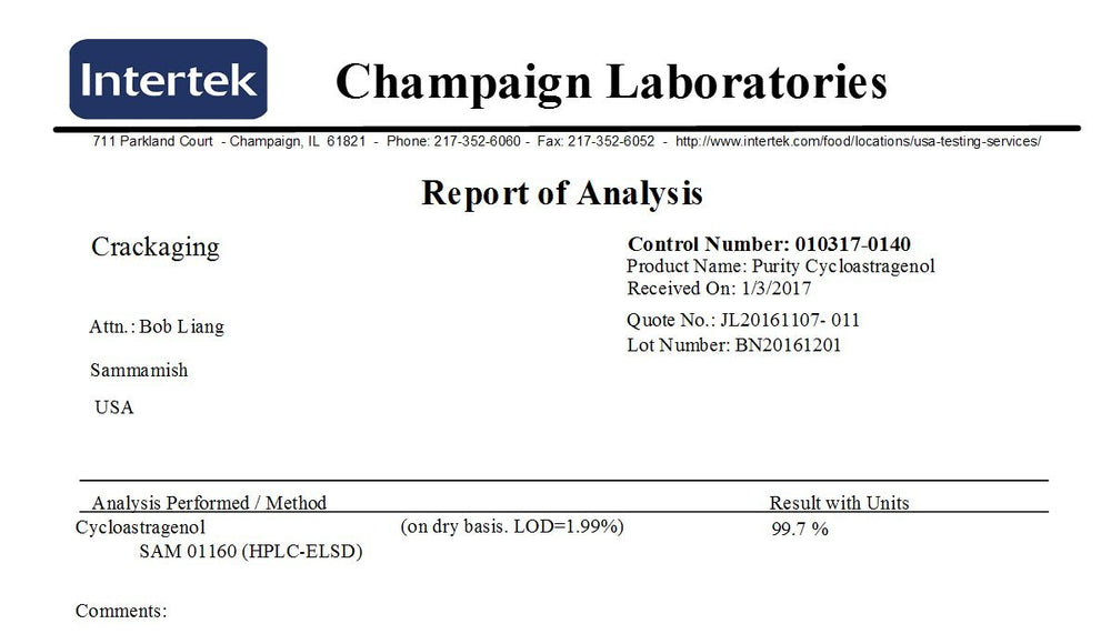 Crackaging CA-100 ingredients list highlights pure cycloastragenol and astragalus extract for clean formulation.