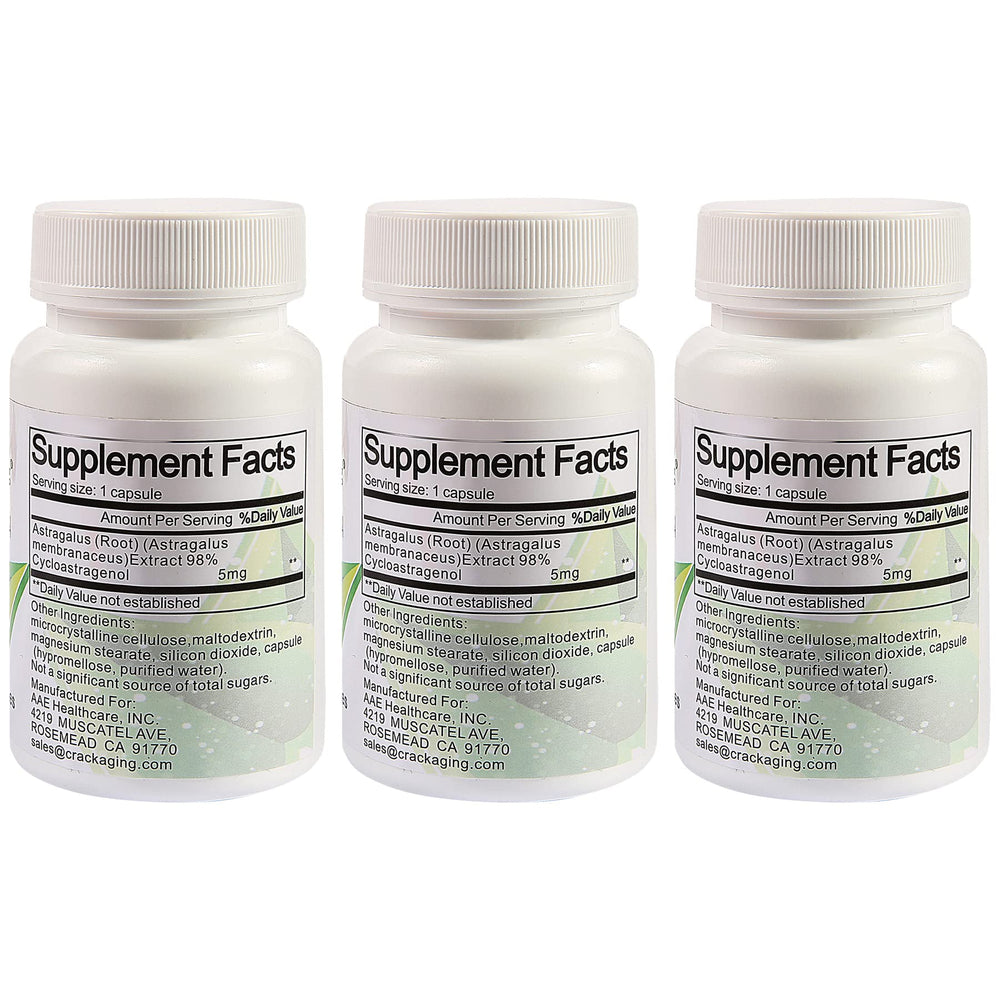 Crackaging Cycloastragenol capsules sealed for easy daily dosing.