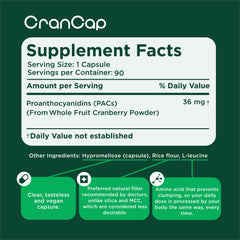 CranCap 90-count bottle image demonstrates convenient once-daily urinary health support