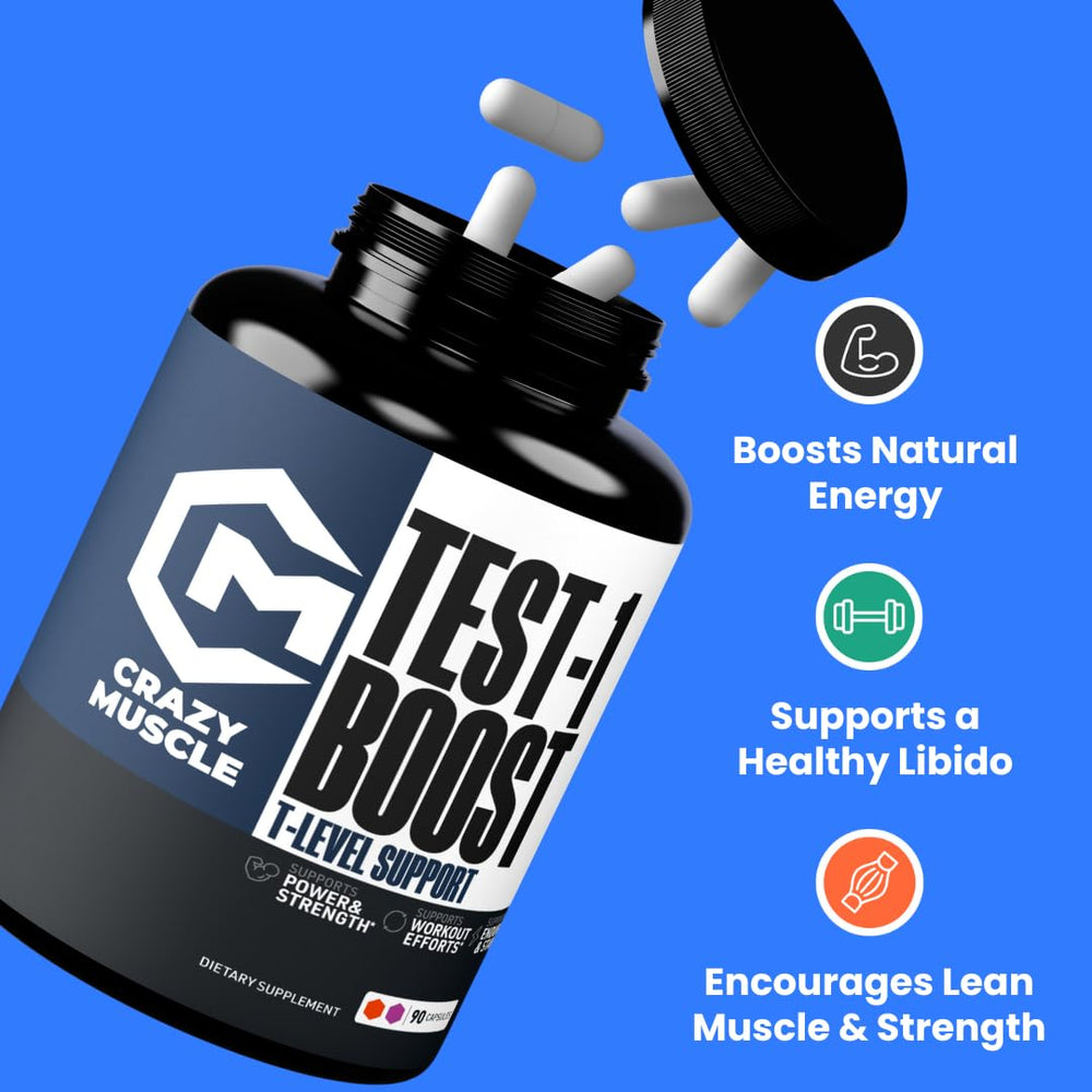 Crazy Muscle Booster capsules closeup showing high potency formula for vitality.