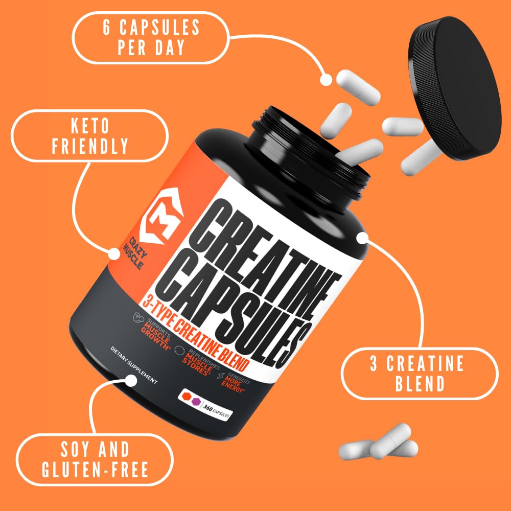 Crazy Muscle creatine capsules close-up highlights easy-to-swallow form.