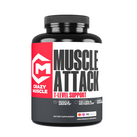 Crazy Muscle testosterone booster bottle front view for daily support.