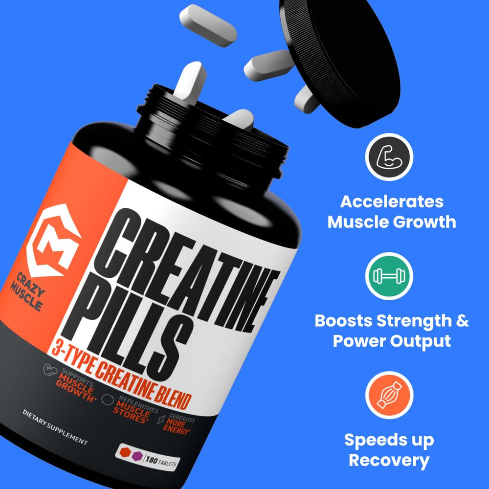Crazy Muscle Three-atine pills pack closeup for quick intake