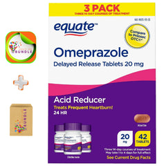 Create and Bundle Equate Omeprazole 20 mg bottle shown for 24-hour heartburn relief.